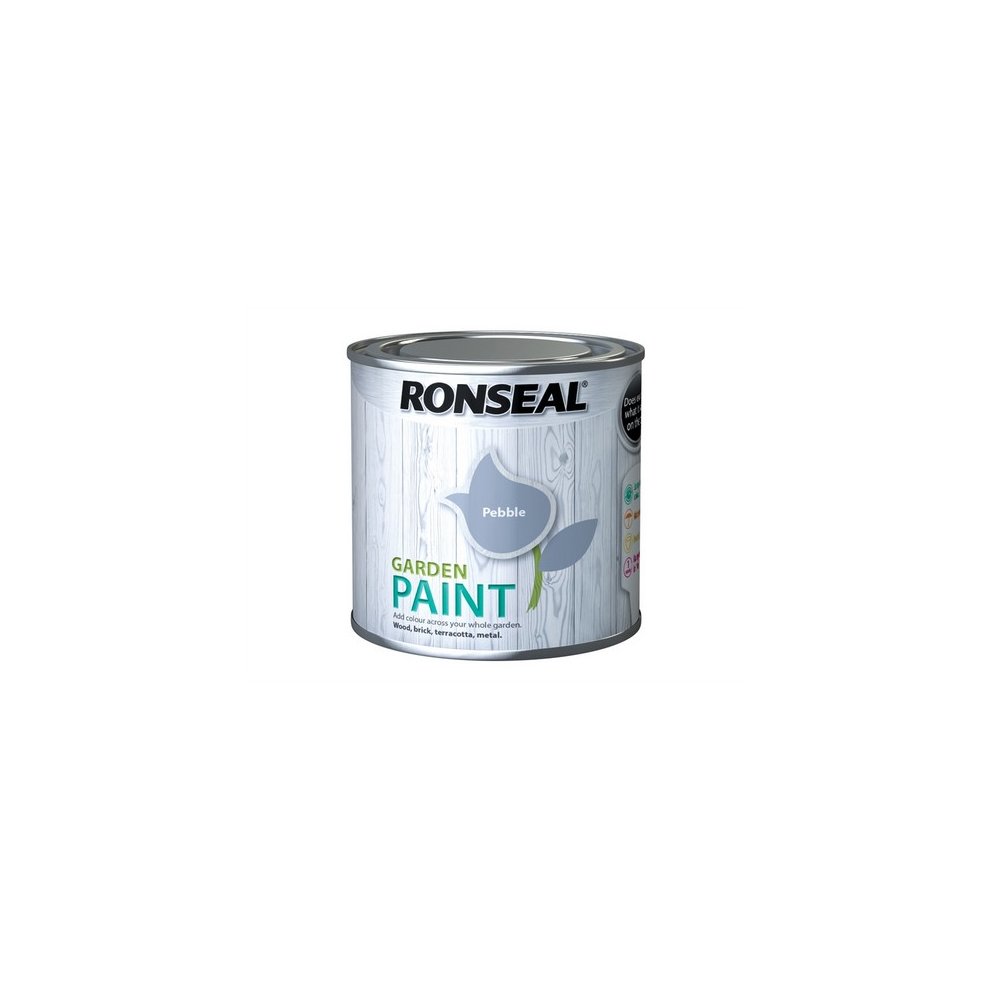 Round metal tin of Ronseal Garden Paint in Pebble color, 250ml, featuring a light grey label with a leaf graphic and product details.