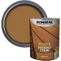Ronseal Quick Drying Decking Stain, Golden Cedar, 5L tin with wood deck image and brown stain color on lid.