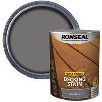 Ronseal Quick Drying Decking Stain, 5L can, Rocky Grey color, with wooden deck image on label.