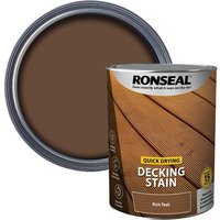 Ronseal Quick Drying Decking Stain can, rich teak color, 5 litre, with wooden deck image on label.