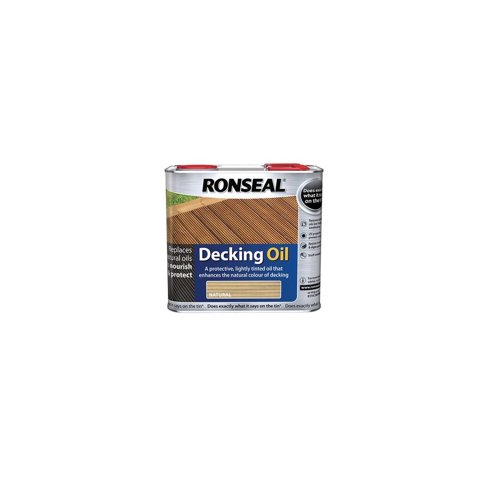 Ronseal 34773 Decking Oil in a 2.5-litre tin, featuring a natural oak color label, highlights its protective qualities for enhancing wood's natural appearance.