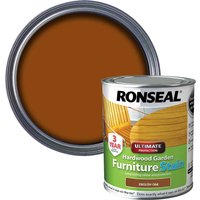 Ronseal Hardwood Furniture Stain can, brown stain color, green label, 3-year protection, Ultimate formula.