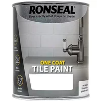 White Ronseal One Coat Tile Paint can with satin finish, featuring a kitchen faucet image on the label.