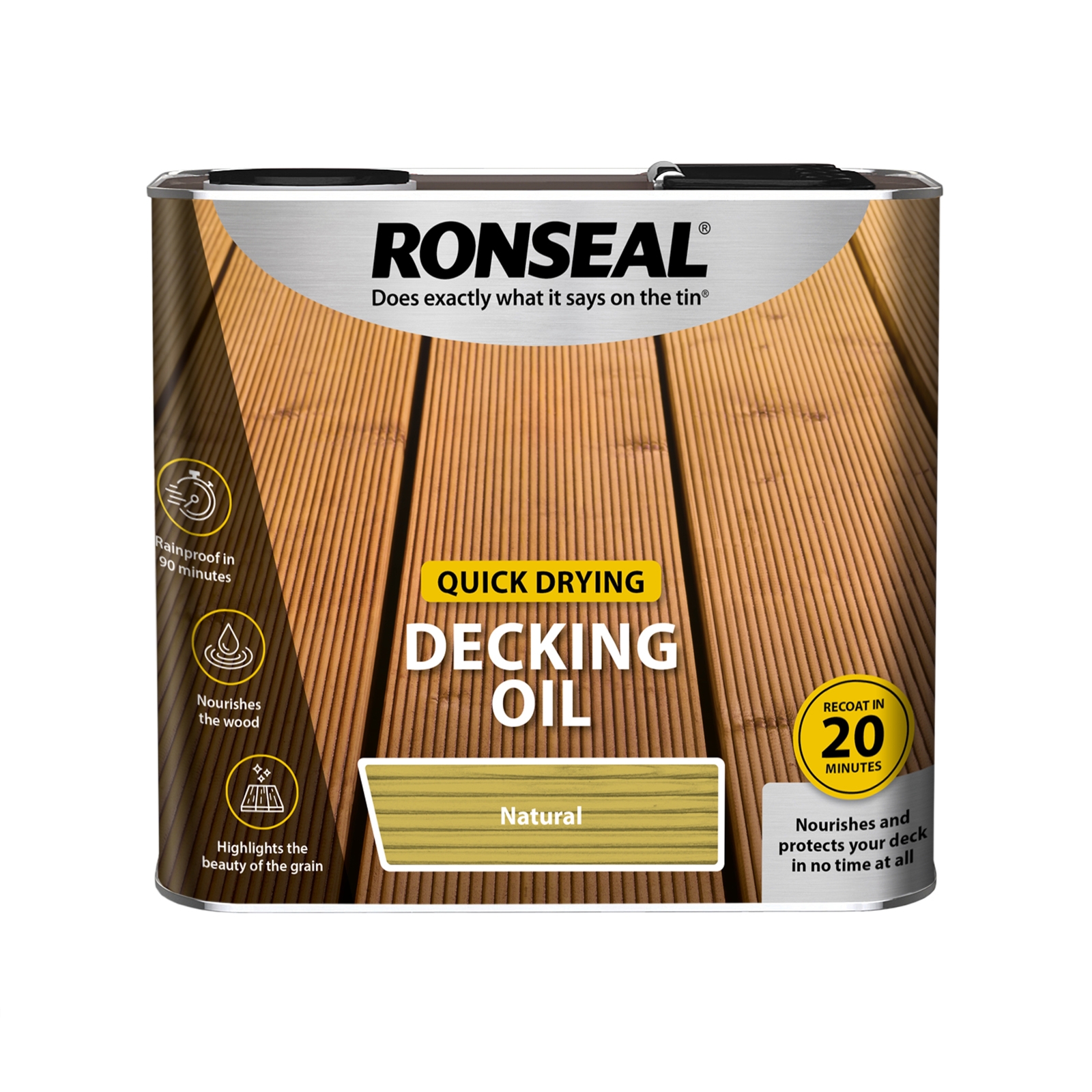 Ronseal Quick Drying Decking Oil 2.5L in a silver tin, featuring a yellow label with "Natural" and "Quick Drying" text, designed to nourish and protect wooden decking.