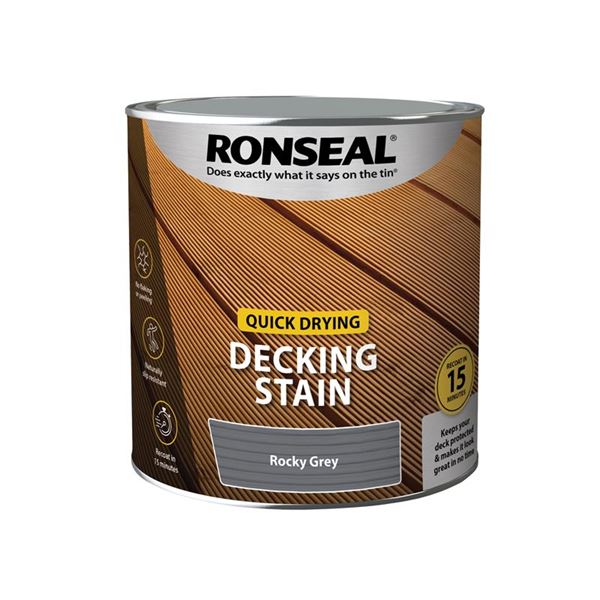 Ronseal Quick Drying Decking Stain in Rich Mahogany, 5-litre tin, featuring a wooden texture design and a label highlighting quick drying and rich color.