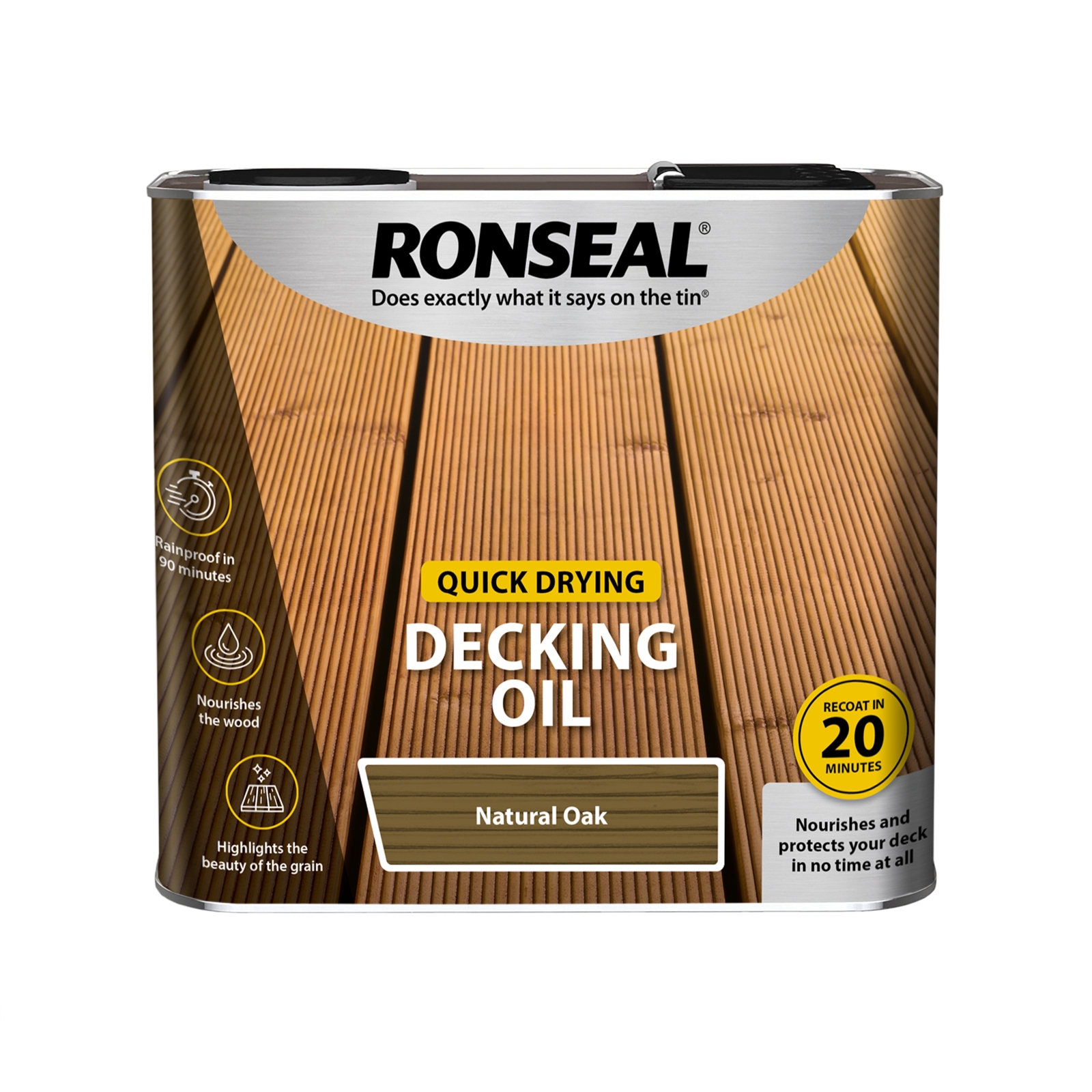 Ronseal Quick Drying Decking Oil in a 2.5L metal tin, featuring a natural oak color label, highlights wood grain, and promises quick drying in 20 minutes.