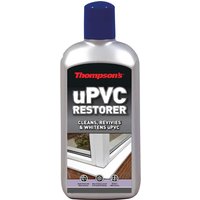 Gray bottle of Ronseal Thompsons UPVC Restorer with blue cap, labeled to clean, revive, and whiten UPVC surfaces.