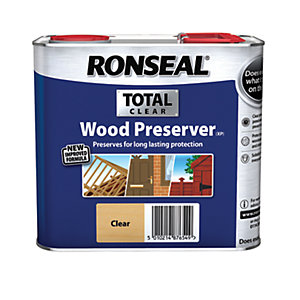 Ronseal Total Wood Preserver in a 2.5L metal can, featuring a blue label with white text, red caps, and illustrations of wood protection on the front.