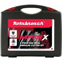 Black Rotabroach Raptor X case with red accents, containing 12-piece mag drill hole cutter set, labeled in red and white.