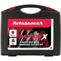 Black Rotabroach case with red accents, labeled "Raptor X" 3 Piece Mag Drill Hole Cutter Set, includes cutter images.