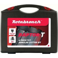 Black Rotabroach case with red label, containing 6-piece Raptor T carbide TCT mag drill hole cutter set.