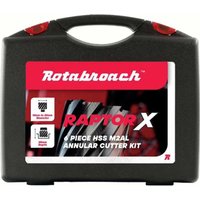 Black Rotabroach Raptor X drill hole cutter set case with red accents and white label featuring product details.