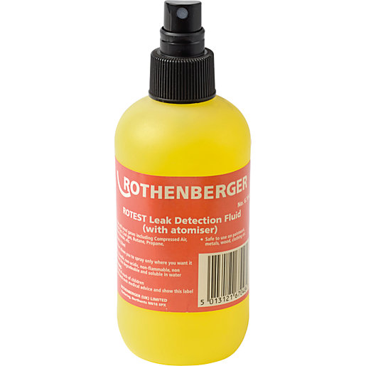 Yellow spray bottle of Rothenberger Leak Detection Liquid, 250ml, featuring a black atomizer nozzle and a label with product details and safety instructions.