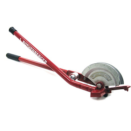 Red metal pipe bender with a silver bending wheel, designed for 15mm and 22mm pipes, featuring a sturdy handle for leverage and precision bending.