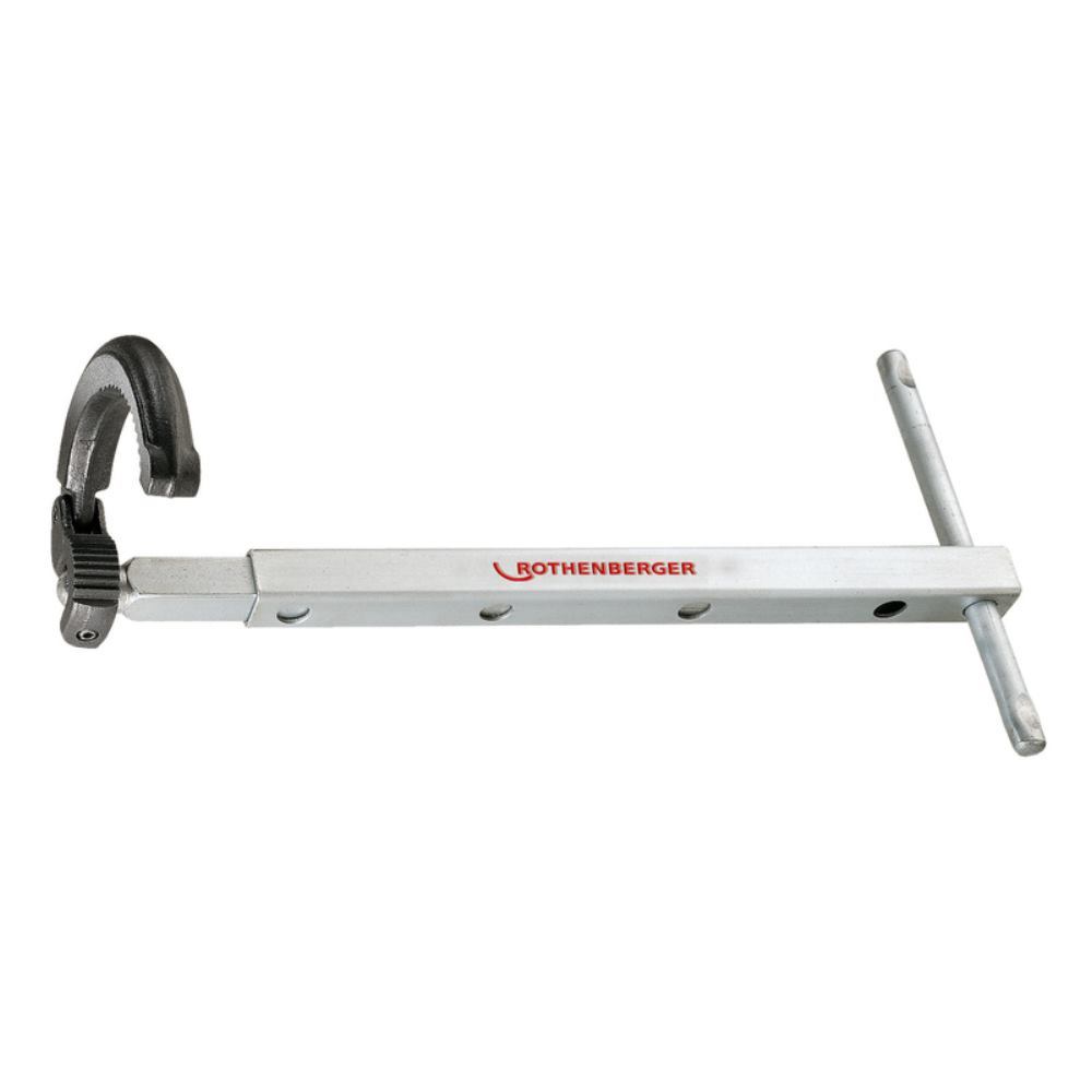 Metal pipe wrench with a silver body, featuring a black gripping hook and adjustable handle, branded with "Rothenberger" in red lettering.