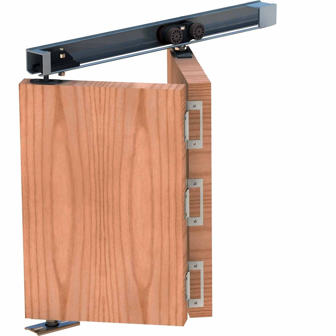 Herkules Plus Fold Door Track in silver metal, featuring a smooth sliding mechanism, designed for 1200mm wooden fold doors with visible wood grain and metal fittings.