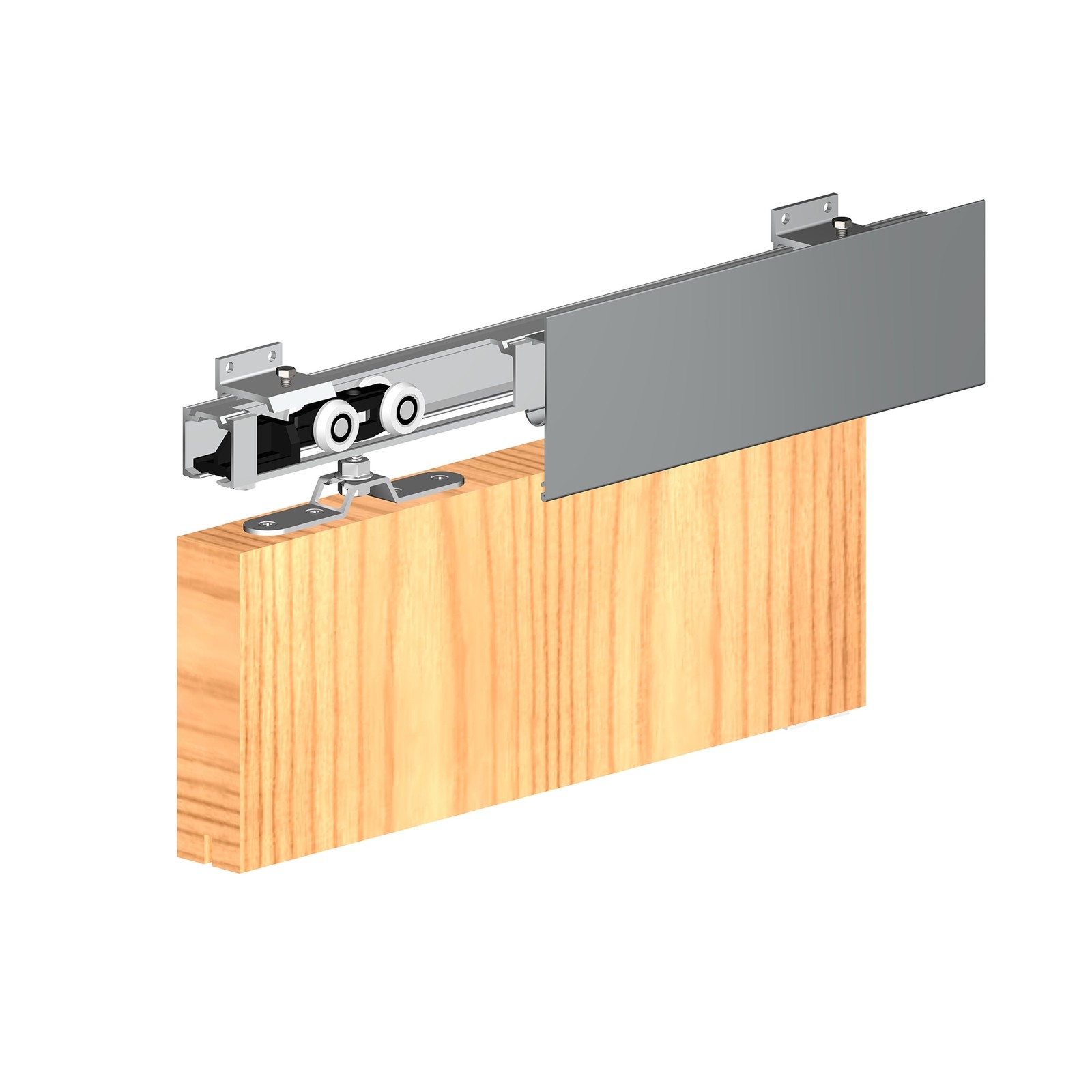Rothley Herkules sliding door kit featuring a silver metal track, black rollers, and wooden panel, designed for doors up to 120kg, includes wall brackets for secure installation.
