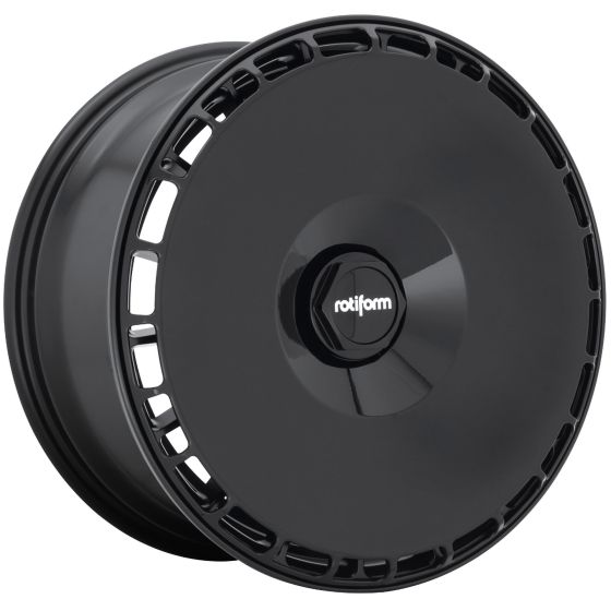 18-inch Rotiform AeroDisc wheel in sleek black finish, featuring a unique design with cutouts around the rim and a central logo, crafted from durable material for performance.