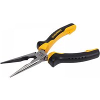 Black and yellow Roughneck 10-134 long nose pliers, 200mm, with ergonomic handles and pointed metal tips.