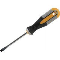 Roughneck screwdriver with flared tip, black and yellow handle, 6.0 x 100mm shaft, ergonomic grip.