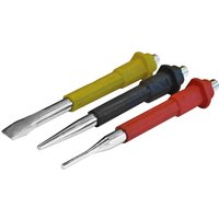 Roughneck 3 Piece Cold Chisel and Punch Set with yellow, black, and red handles, featuring silver steel tips.