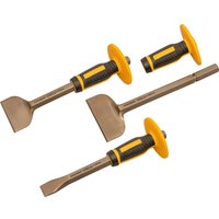 Roughneck 3 Piece Non Slip Hand Guard Bolster and Chisel Set with yellow guards and black grips.