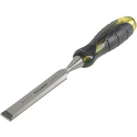 Roughneck chisel with 19mm bevel edge, black and yellow ergonomic handle, and polished steel blade.