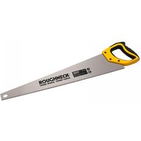 Roughneck handsaw 550mm with yellow and black handle, silver blade, and 8 TPI teeth.
