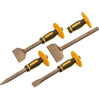 Roughneck 4-piece chisel set with yellow non-slip hand guards and black grips, includes various blade shapes.