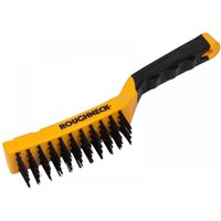 Yellow and black Roughneck wire brush with carbon steel bristles and soft grip handle, 4 rows, 300mm length.