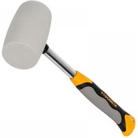 White rubber mallet with black and yellow handle, silver shaft, and Roughneck branding.