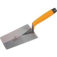 Chrome Vanadium Steel Bucket Trowel with orange ergonomic handle and pointed rectangular blade.