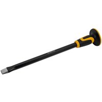 Black and yellow Roughneck cold chisel with a protective hand guard and flat chisel tip.