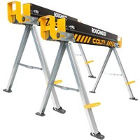 Roughneck Colt 575S Saw Horse Twin Pack with yellow brackets, black beam, and silver legs with rubber feet.