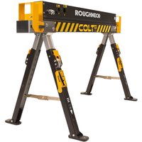 "Black and yellow Roughneck Colt folding steel sawhorse with adjustable legs and sturdy construction"