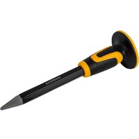 Black and yellow Roughneck concrete point chisel with ergonomic hand guard and pointed tip.