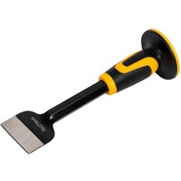 Black and yellow Roughneck electricians flooring chisel with wide flat blade and ergonomic grip handle.