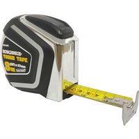 Black and silver Roughneck tape measure with yellow blade, self-locking feature, and bold markings for easy reading.