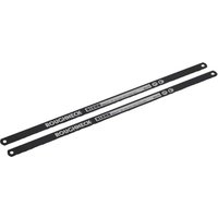 Black Roughneck hacksaw blades with white branding and hole for mounting.