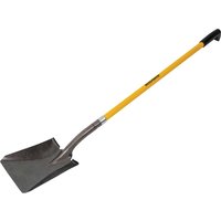 Roughneck long handle square shovel with yellow handle and black D-grip, featuring a wide steel blade.