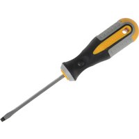 Roughneck magnetic flared slotted screwdriver with black and yellow ergonomic handle and silver metal shaft.