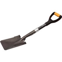 Black Roughneck Micro Sharp Edge Square Shovel with serrated edge and yellow handle grip.