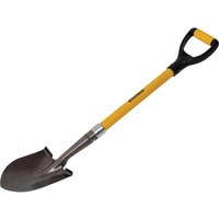 Yellow Roughneck Mini Shovel with round point, black D-grip handle, and sturdy metal blade.