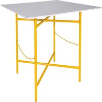Roughneck Mortar Mixing Board with yellow folding stand, white flat surface, and stabilizing chains.