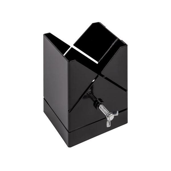 Black metal post top shaper with a square base and a clamping screw, designed for shaping posts with a 75mm opening at the top.