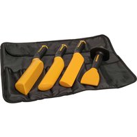 Yellow and black Roughneck Pro 4 Piece Lead Dressing Set with four chisels in a black roll-up pouch.