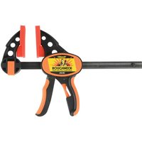 Roughneck Ratcheting Quick Grip Clamp with black and orange handle, red jaw pads, and metal bar.