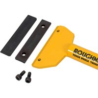 Roughneck Replacement Blades, black with holes, alongside yellow scraper handle and two screws.