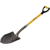 Roughneck shovel with sharp edge, yellow fibreglass handle, and black soft grip D-handle.