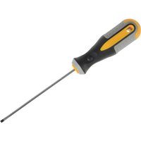 Roughneck slotted terminal screwdriver with black and yellow soft grip handle and magnetic tip.